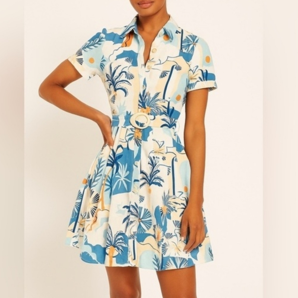 Nicole Miller 100% Linen Palm/Tropical Print Buttoned Dress
